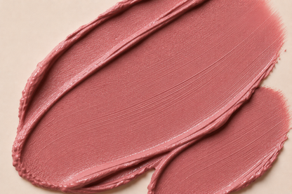 A close-up of a dusty rose pink cosmetic cream swatch, showing the smooth texture and color of the product on a light beige background.