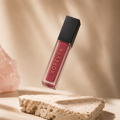 XOREVYA liquid lipstick in a dusty rose pink shade, presented in a clear rectangular tube with a matte black cap, floating above a textured beige stone block.